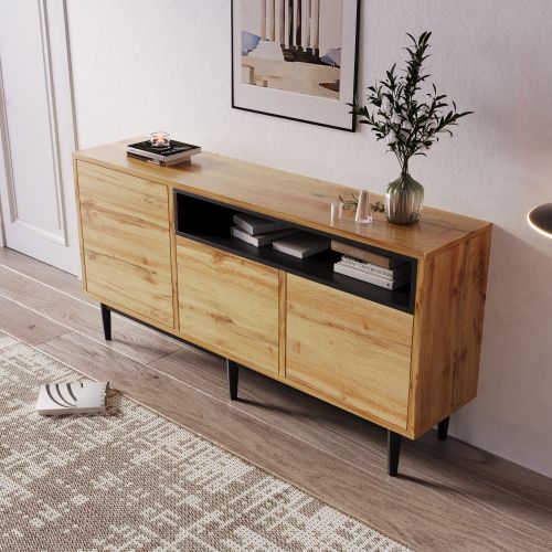 Buffet Moderne En Bois Avec Trois Portes Et Étagères 160x35x76, Robuste Et Fiable