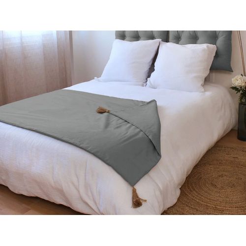 Edredon Panama Avec Pompons En Jute - 90 X 190 Cm - Gris Clair