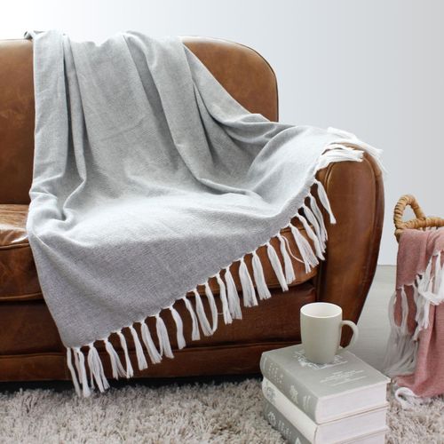 Plaid Jacquard à Longues Franges - 130x150 Cm - Gris Clair