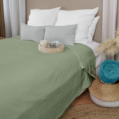 Plaid Polaire XL Uni "coral Fleece" 180x220cm Vert Argile