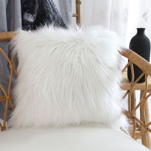 Coussin Déhoussable Imitation Fourrure Long Poil - 45x50 Cm - Blanc