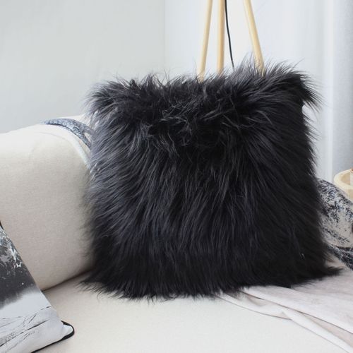 Coussin Déhoussable Uni Imitation Fourrure - 45x45 Cm - Noir