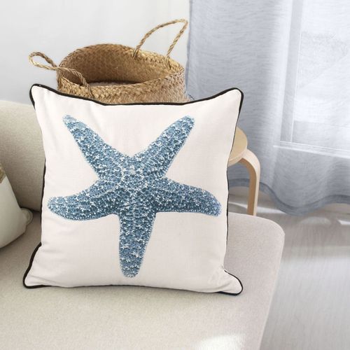 Coussin Déco Imprimé "azur" 40x40cm Écru et Bleu