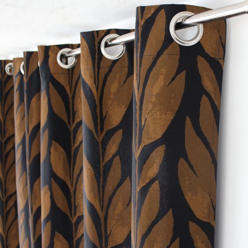 Rideau Motif Végétal Tamisant En Coton Recyclé - 140x240 Cm - Noir