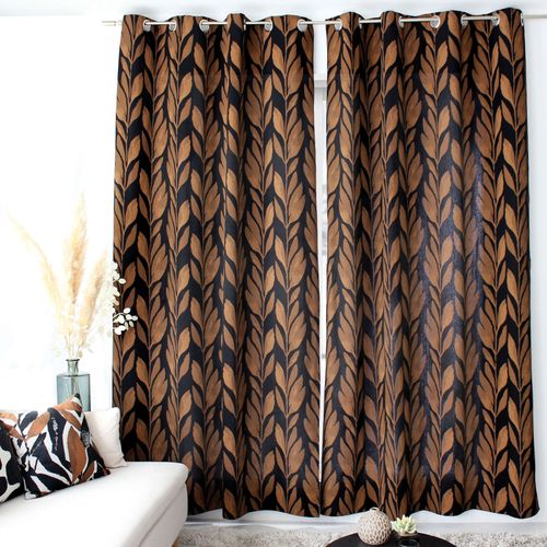 Rideau Motif Végétal Tamisant En Coton Recyclé - 140x240 Cm - Noir
