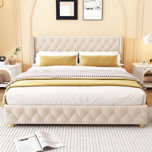 Lit Rembourré Adulte 180x200 Cm Rembourrage à Rivets, Pieds En Bois, Velours, Beige