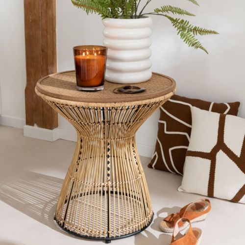 Bout De Canapé Ethnique En Rotin Et Métal Noir - Anaya