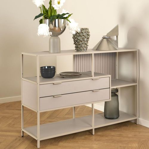 Bibliothèque Basse Scandinave 2 Tiroirs Et 3 Étagères Métal Grège - Barry