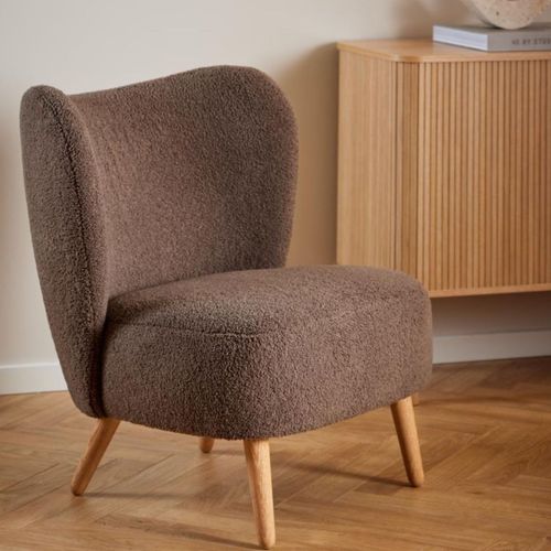 Fauteuil En Tissu Bouclette Marron Et Pieds En Bois - Eros