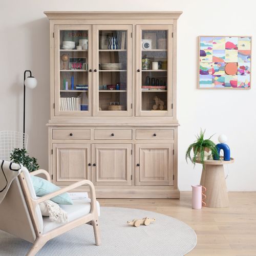 Vaisselier En Chêne Blanchi 3 Portes Vitrées 3 Tiroirs 3 Portes Bois - Victoria