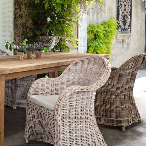 Fauteuil En Rotin Blanchi Et Coussin En Coton - Saint Tropez