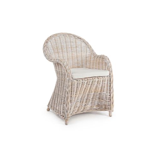 Fauteuil En Rotin Blanchi Et Coussin En Coton - Saint Tropez
