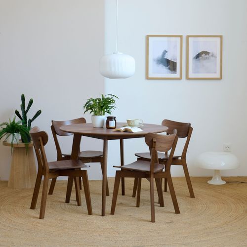 Table Ronde En Bois Noyer D105 + 4 Chaises Noyer - Leta