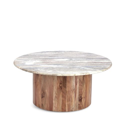 Table Basse Ronde En Bois D'acacia Et Marbre Beige D80 - Joana