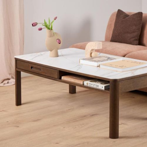 Table Basse Rectangulaire En Céramique Et Chêne Fumé L130 - Simone