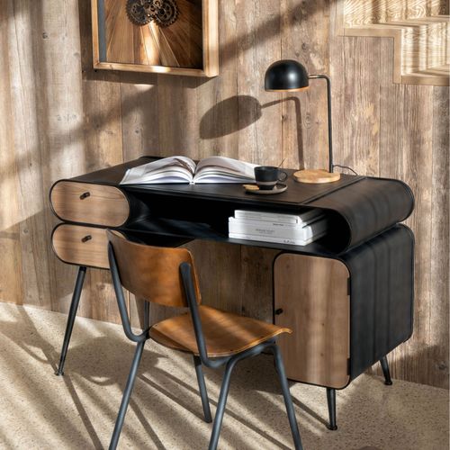 Bureau Industriel En Bois Et Métal Noir 2 - Forge