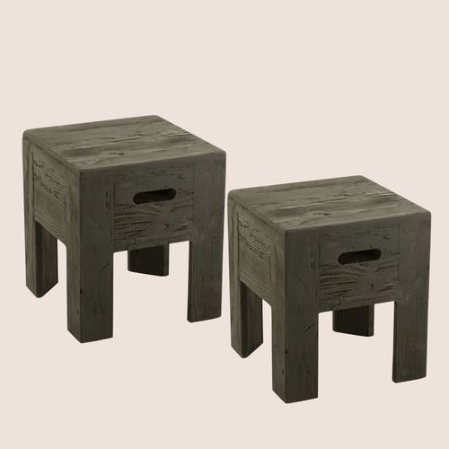 Tabourets En Bois Massif Carrés (lot De 2) - Terra