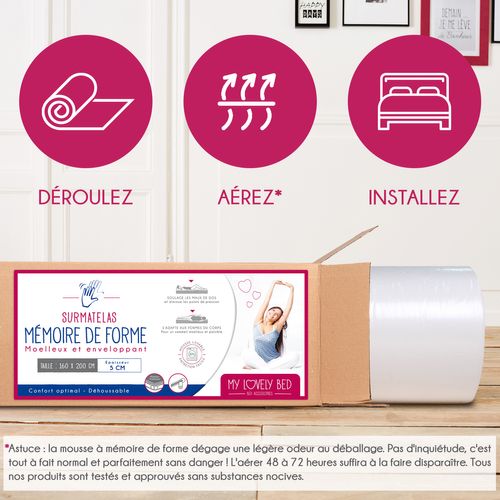Surmatelas Mémoire De Forme 160x200 Cm - Epaisseur 5 Cm - Déhoussable
