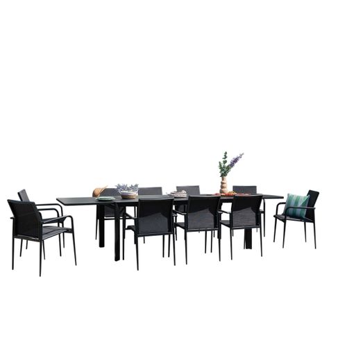 Ensemble 8/12p En Aluminium Et Plateau En Verre Poli Noir Avec 10 Fauteuils Modulo