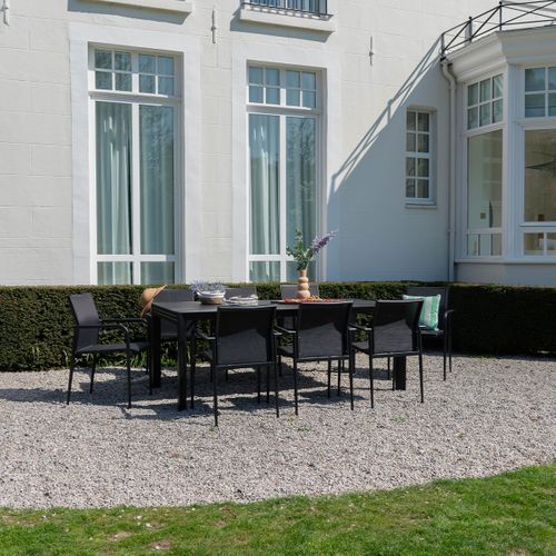 Ensemble 6/10p En Aluminium Et Plateau En Verre Poli Noir Avec 8 Fauteuils Modulo