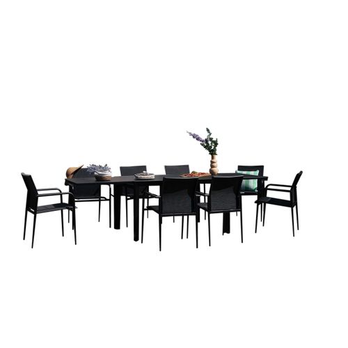 Ensemble 6/10p En Aluminium Et Plateau En Verre Poli Noir Avec 8 Fauteuils Modulo