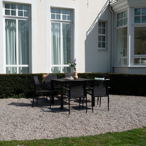 Ensemble 4/8p En Aluminium Et Plateau En Verre Poli Noir Avec 6 Fauteuils Modulo