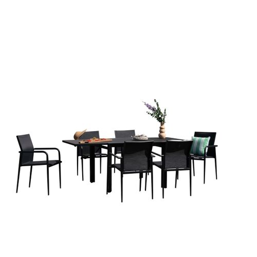 Ensemble 4/8p En Aluminium Et Plateau En Verre Poli Noir Avec 6 Fauteuils Modulo