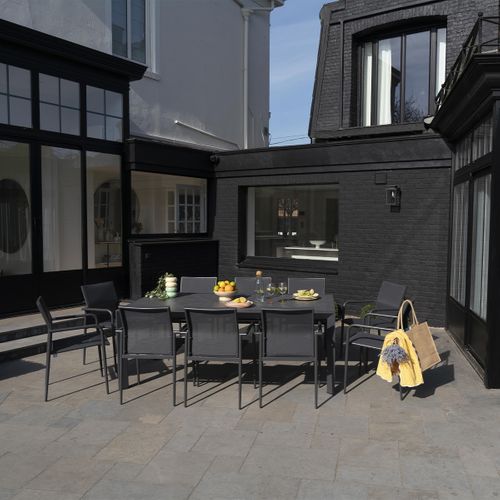 Ensemble 8/12p En Aluminium Et Plateau En Verre Gris Avec 10 Fauteuils Modulo