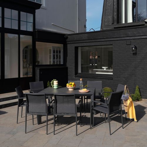 Ensemble 6/10p En Aluminium Et Plateau En Verre Gris Avec 8 Fauteuils Modulo