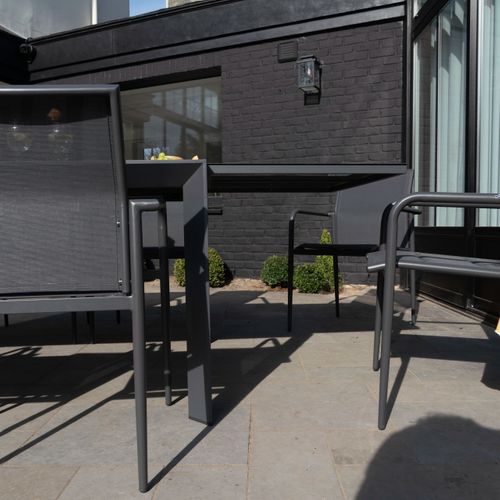 Ensemble 4/8p En Aluminium Et Plateau En Verre Gris Avec 6 Fauteuils Modulo