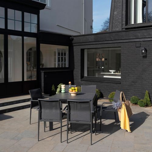 Ensemble 4/8p En Aluminium Et Plateau En Verre Gris Avec 6 Fauteuils Modulo