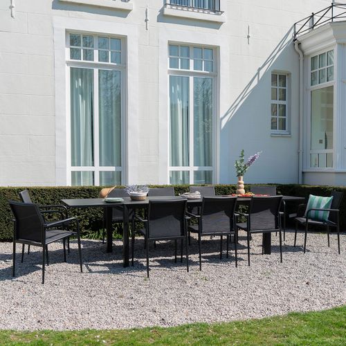 Table De Jardin 8/12p En Aluminium Et Plateau En Verre Poli Noir Modulo