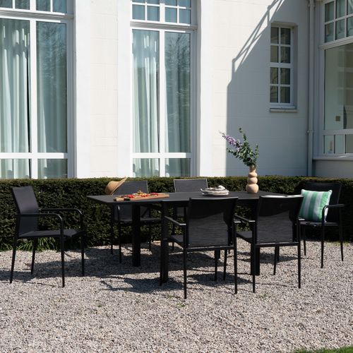 Table De Jardin 4/8p En Aluminium Et Plateau En Verre Poli Noir Modulo