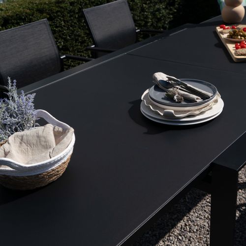 Table De Jardin 4/8p En Aluminium Et Plateau En Verre Poli Noir Modulo