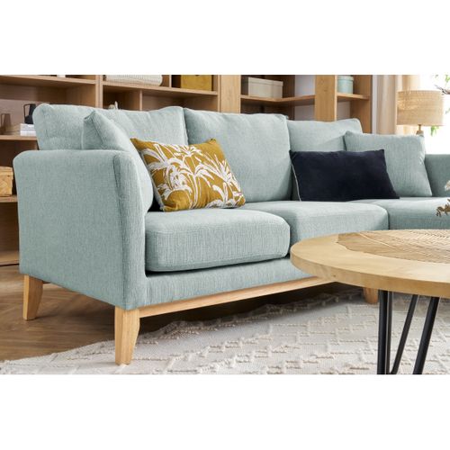 Canapé D'angle Droit Déhoussable Scandinave 4 Places En Tissu Vert Lagon Et Bois Clair Oslo