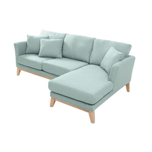 Canapé D'angle Droit Déhoussable Scandinave 4 Places En Tissu Vert Lagon Et Bois Clair Oslo