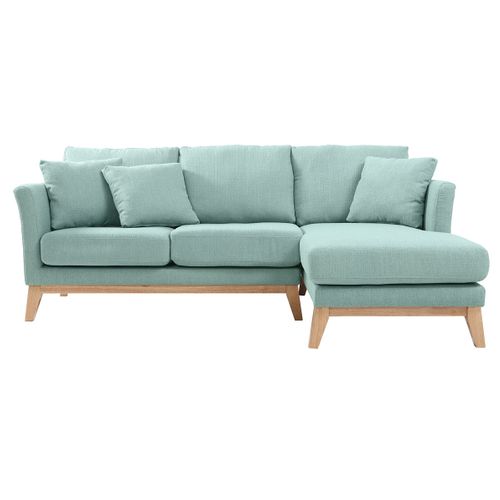 Canapé D'angle Droit Déhoussable Scandinave 4 Places En Tissu Vert Lagon Et Bois Clair Oslo