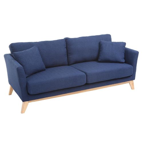 Canapé Scandinave Déhoussable 3 Places En Tissu Bleu Foncé Et Bois Clair Oslo