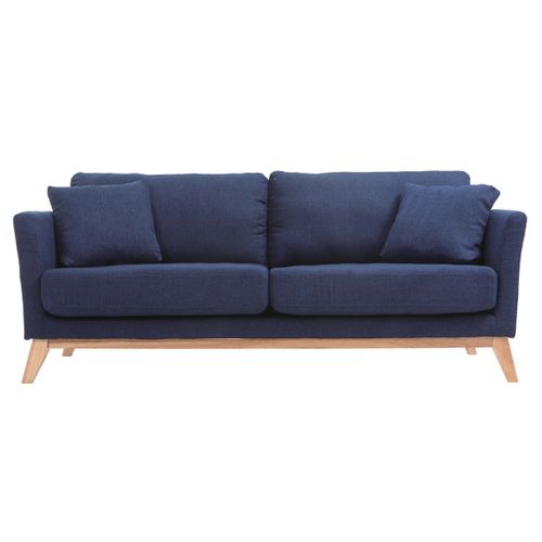Canapé Scandinave Déhoussable 3 Places En Tissu Bleu Foncé Et Bois Clair Oslo