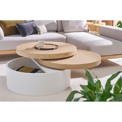 Table Basse Ronde Avec Plateaux Pivotants Et Rangement Blanc Et Bois Clair Chêne D80 Cm Icon