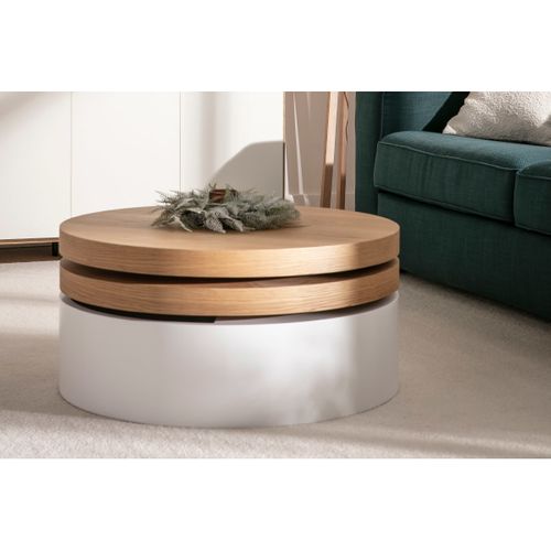Table Basse Ronde Avec Plateaux Pivotants Et Rangement Blanc Et Bois Clair Chêne D80 Cm Icon