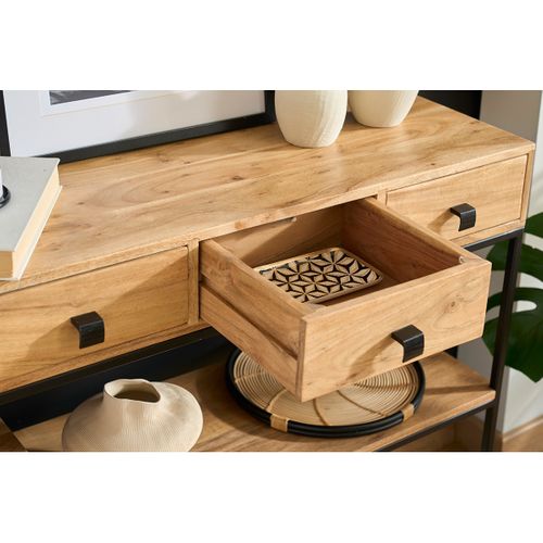 Console Industrielle Avec Rangements 4 Tiroirs En Bois Massif Et Métal Noir L115 Cm Grenelle