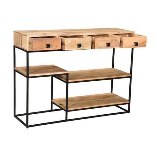 Console Industrielle Avec Rangements 4 Tiroirs En Bois Massif Et Métal Noir L115 Cm Grenelle
