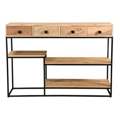 Console Industrielle Avec Rangements 4 Tiroirs En Bois Massif Et Métal Noir L115 Cm Grenelle