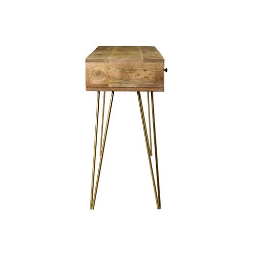 Console Avec Rangements 3 Tiroirs En Bois Manguier Massif Gravé Et Métal Doré L120 Cm Linium