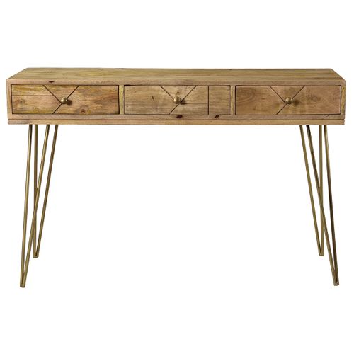 Console Avec Rangements 3 Tiroirs En Bois Manguier Massif Gravé Et Métal Doré L120 Cm Linium