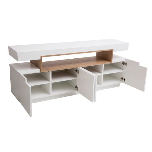 Buffet Scandinave Blanc Laqué Brillant Et Bois 4 Portes L180 Cm Livo