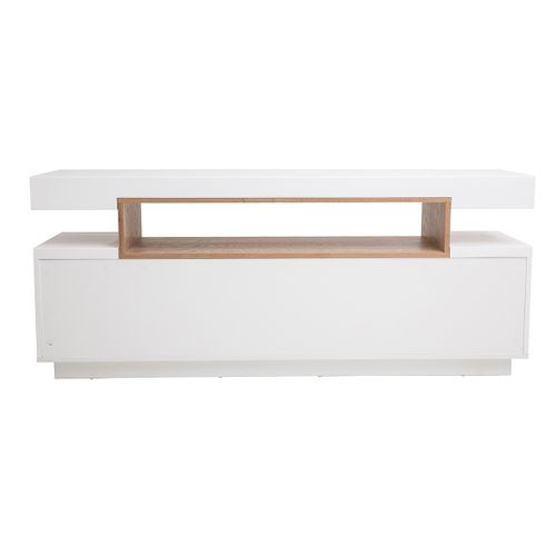 Buffet Scandinave Blanc Laqué Brillant Et Bois 4 Portes L180 Cm Livo
