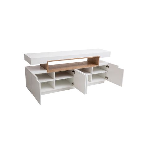 Buffet Scandinave Blanc Laqué Brillant Et Bois 4 Portes L180 Cm Livo