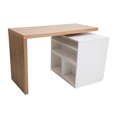 Îlot - Table De Bar Modulable Avec Rangement Blanc Mat Et Bois Clair Chêne L140-165 Cm Max